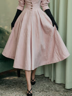 Midi Linen Dress, Long Sleeves, V Neck, Plain, Button Design, French Vintage, Light Pink
