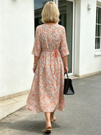 Peach Floral Chiffon Midi Dress, Round Neck 3/4 Sleeve Drawstring Waist Loose Flowy Knee-Length Dress