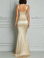 Champagne Lustrous Satin V‐Neck Maxi Evening Gown