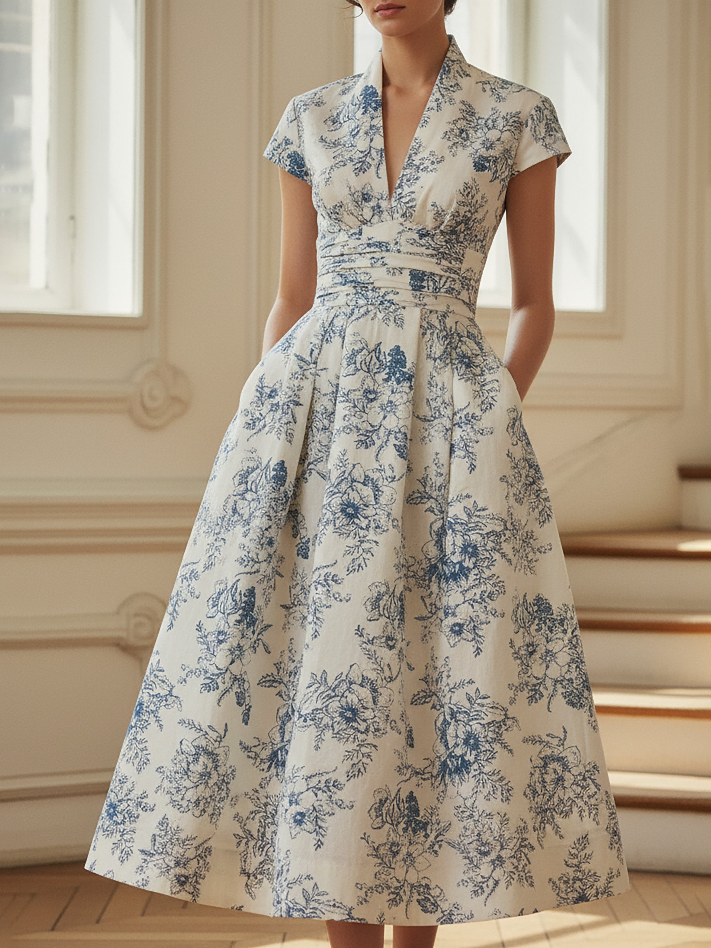 Midi Linen Dress, Short Sleeves, V Neck, Floral, Vintage, Blue