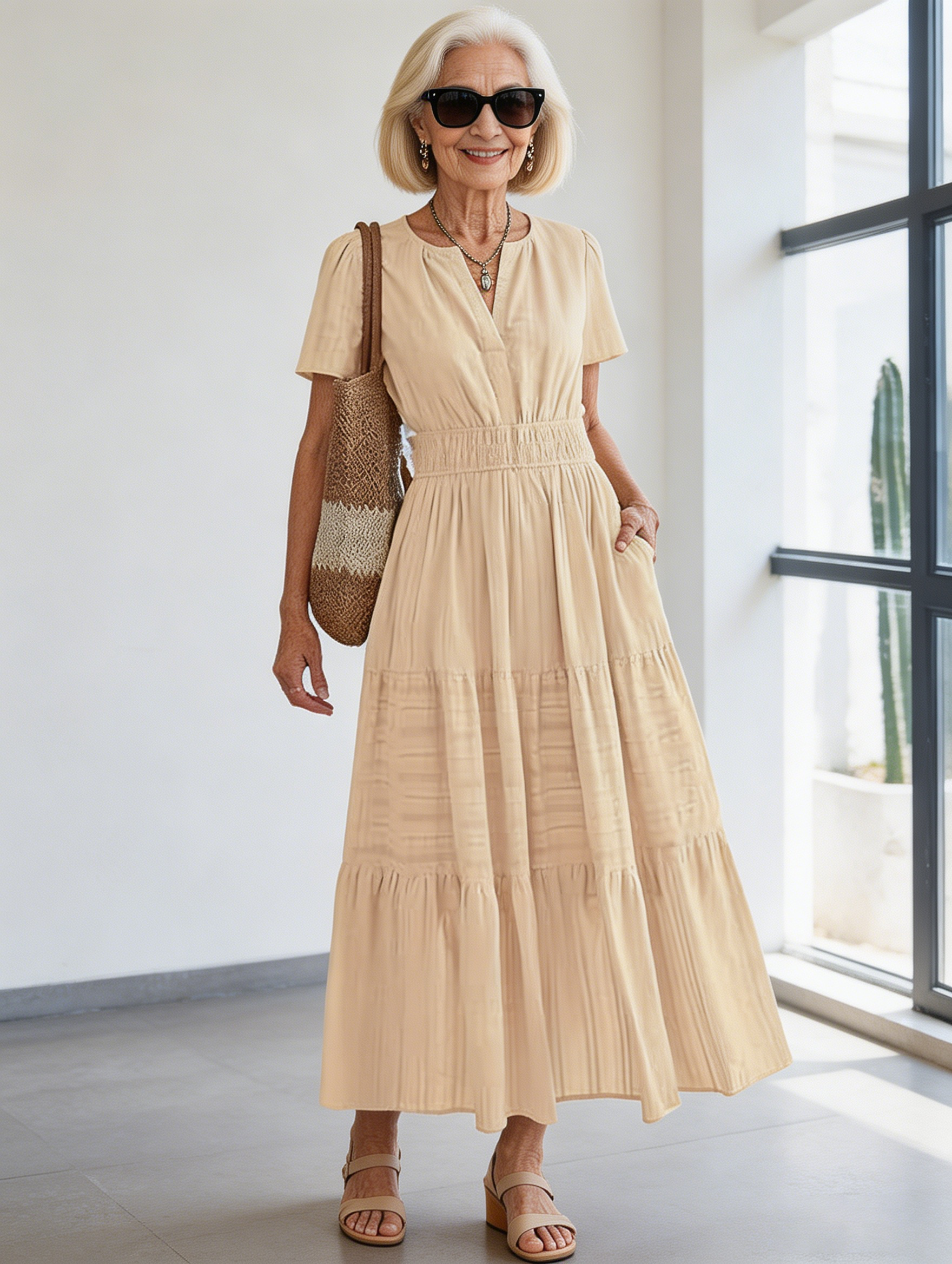 Cotton Fashion V-neck Pleated Bubble Sleeves Layered Pendulum Dress Women