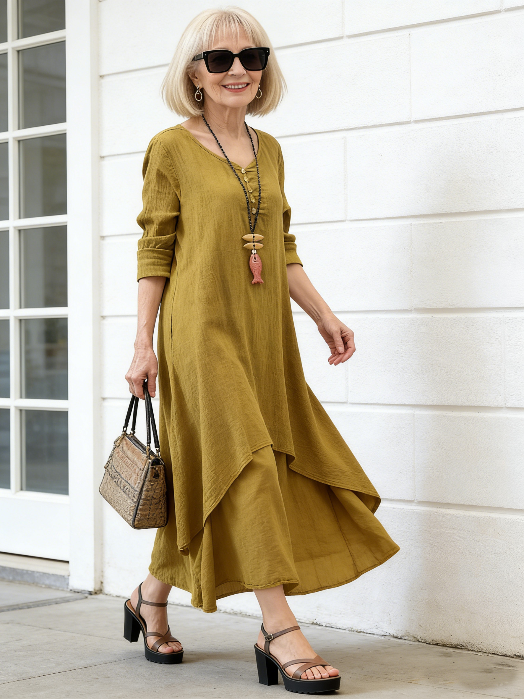 High-quality Fake Two-piece Long Dress Literary Pendulum Linen Dress Loose Long-sleeved Cotton and Linen