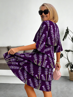 Lavender Chiffon Vacation Prints Color Round Neck Cake Skirt Splicing Dress Mid-length