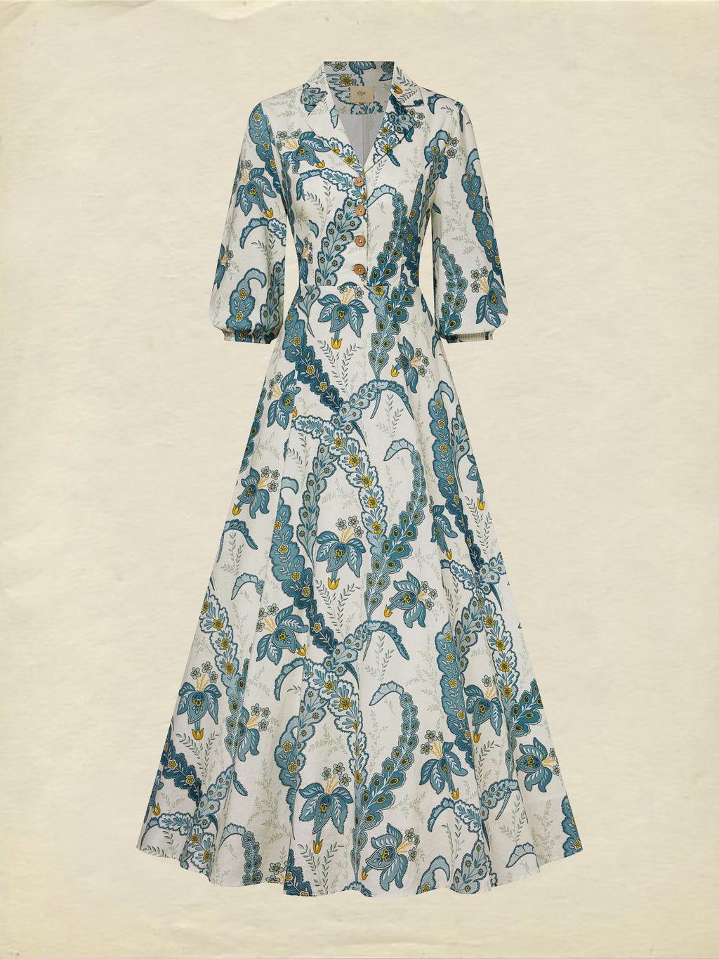 Maxi Linen Dress, Half Sleeve, Shawl Collar, Paisley, Button Design, Vacation, Vintage, White