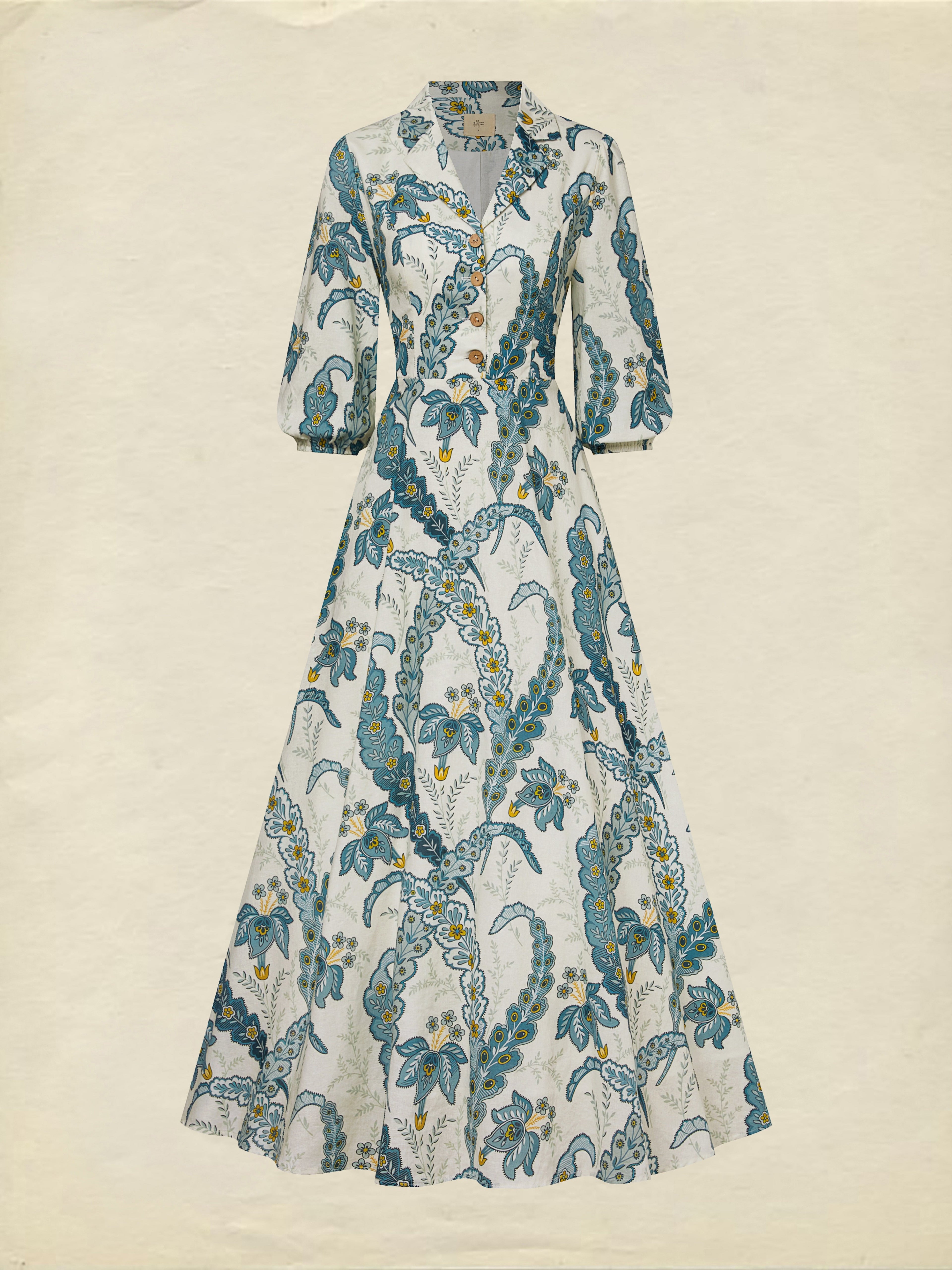 Maxi Linen Dress, Half Sleeve, Shawl Collar, Paisley, Button Design, Vacation, Vintage, White