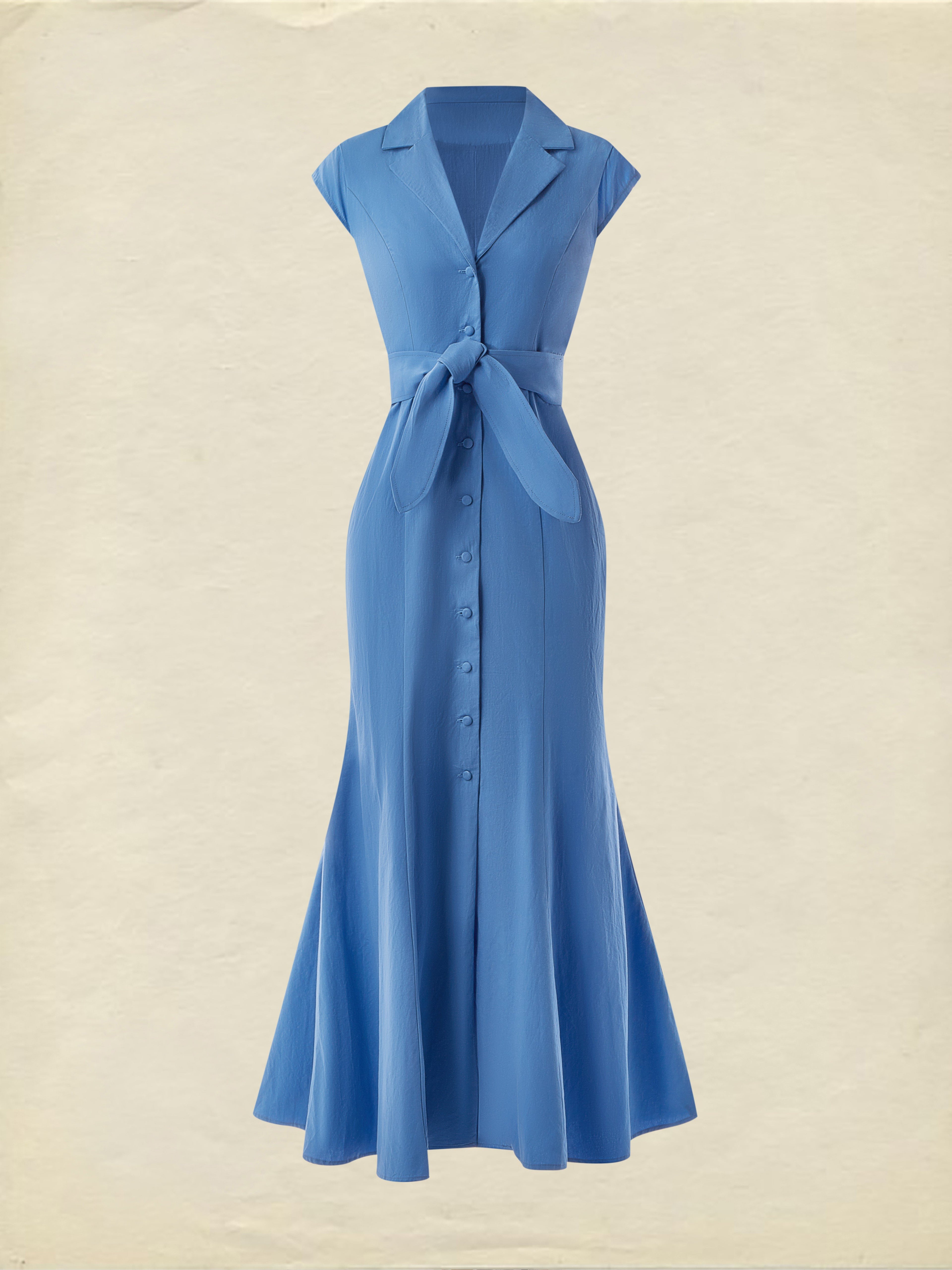 (SIZE:XS-XXL) Cotton Maxi Dress, Cap Sleeve, Lapel Collar, Plain, Vintage, Blue