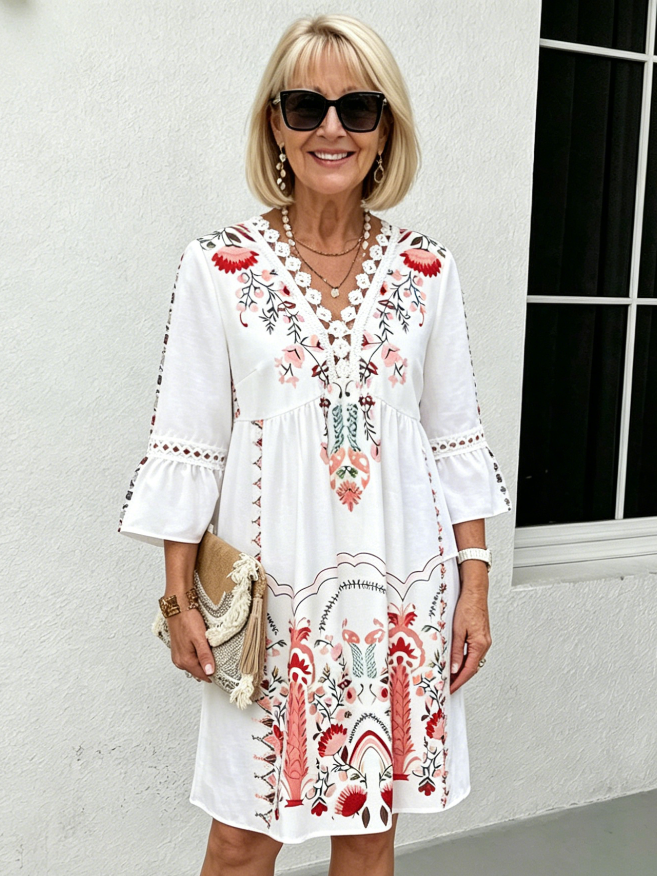V-neck Printed Lace Stitching Bohemian Casual Vacation Style Dress