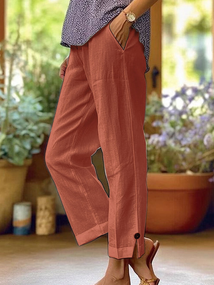 Women's Cotton-linen Solid Color Elastic Waist Pockets Straight Leg Loose-fit Casual Trousers