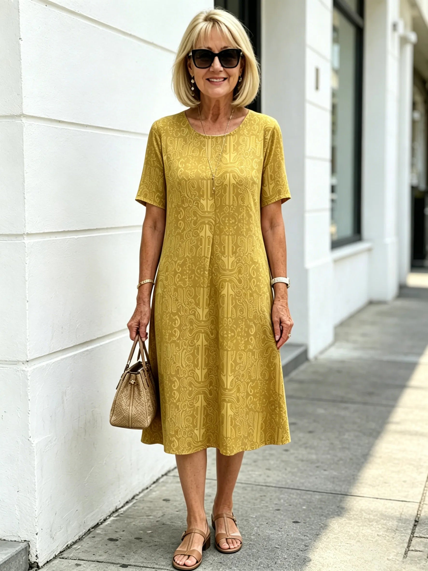 Blue Paisley Print Loose Midi Dress, Round Neck Short Sleeve Tummy Concealing Slimming Temperament Dress for Mature Women