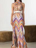 Colorful Chevron Print Chiffon Sleeveless Maxi Dress