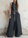 Charcoal Scallop Trim Sleeveless Top & Drawstring Wide-Leg Linen Co-ord Set