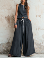 Charcoal Scallop Trim Sleeveless Top & Drawstring Wide-Leg Linen Co-ord Set