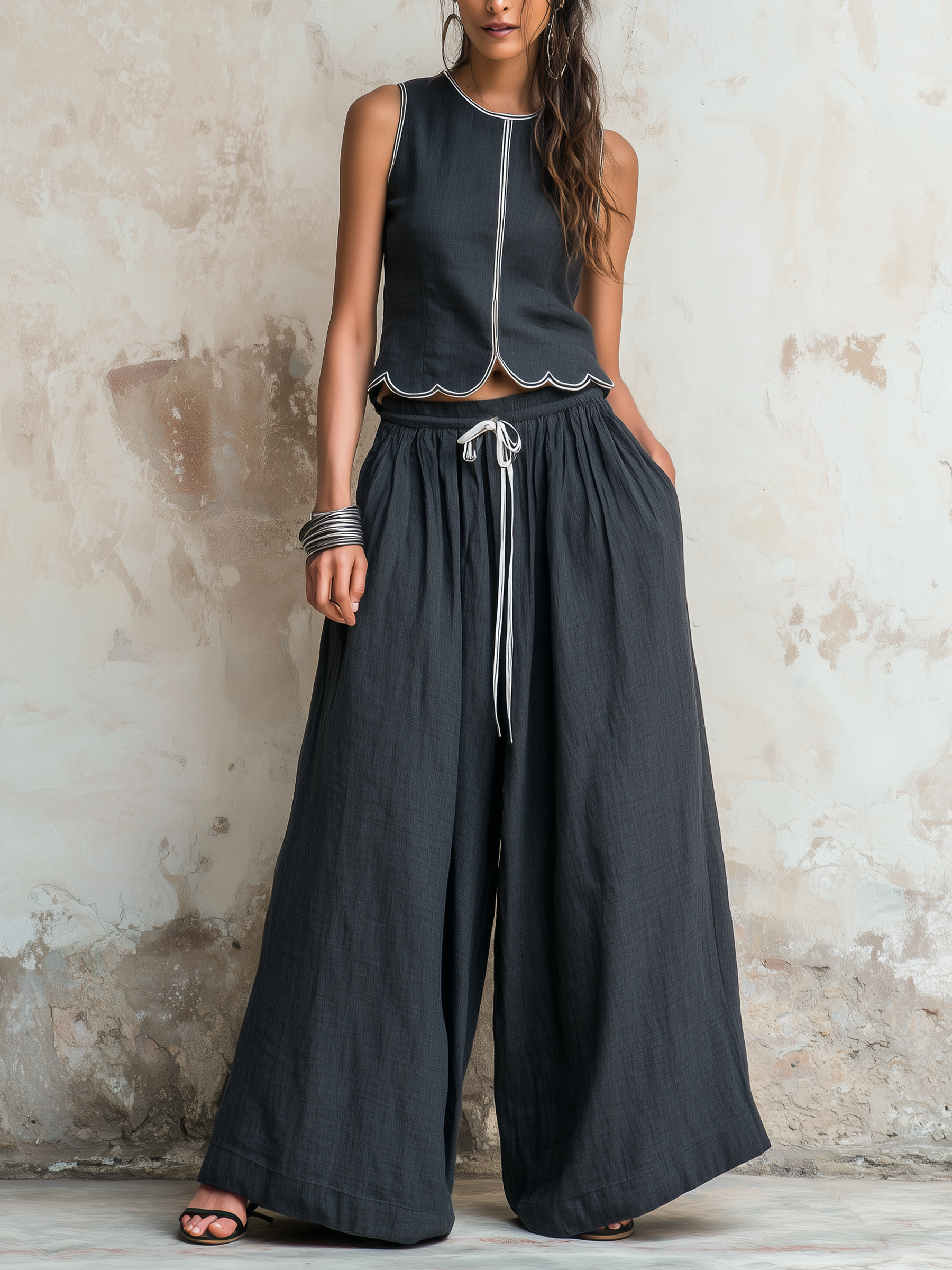 Charcoal Scallop Trim Sleeveless Top & Drawstring Wide-Leg Linen Co-ord Set