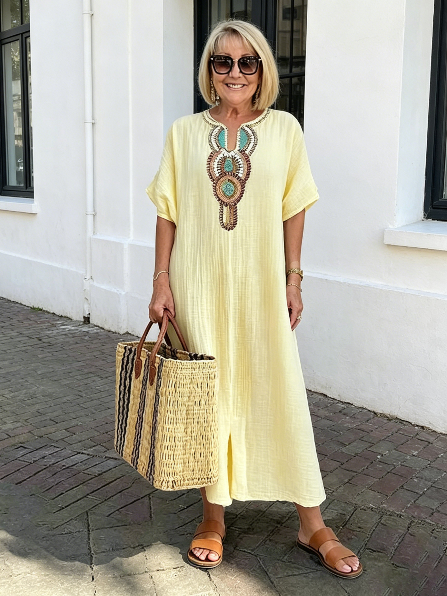 Cotton and Linen Embroidered Split Dress