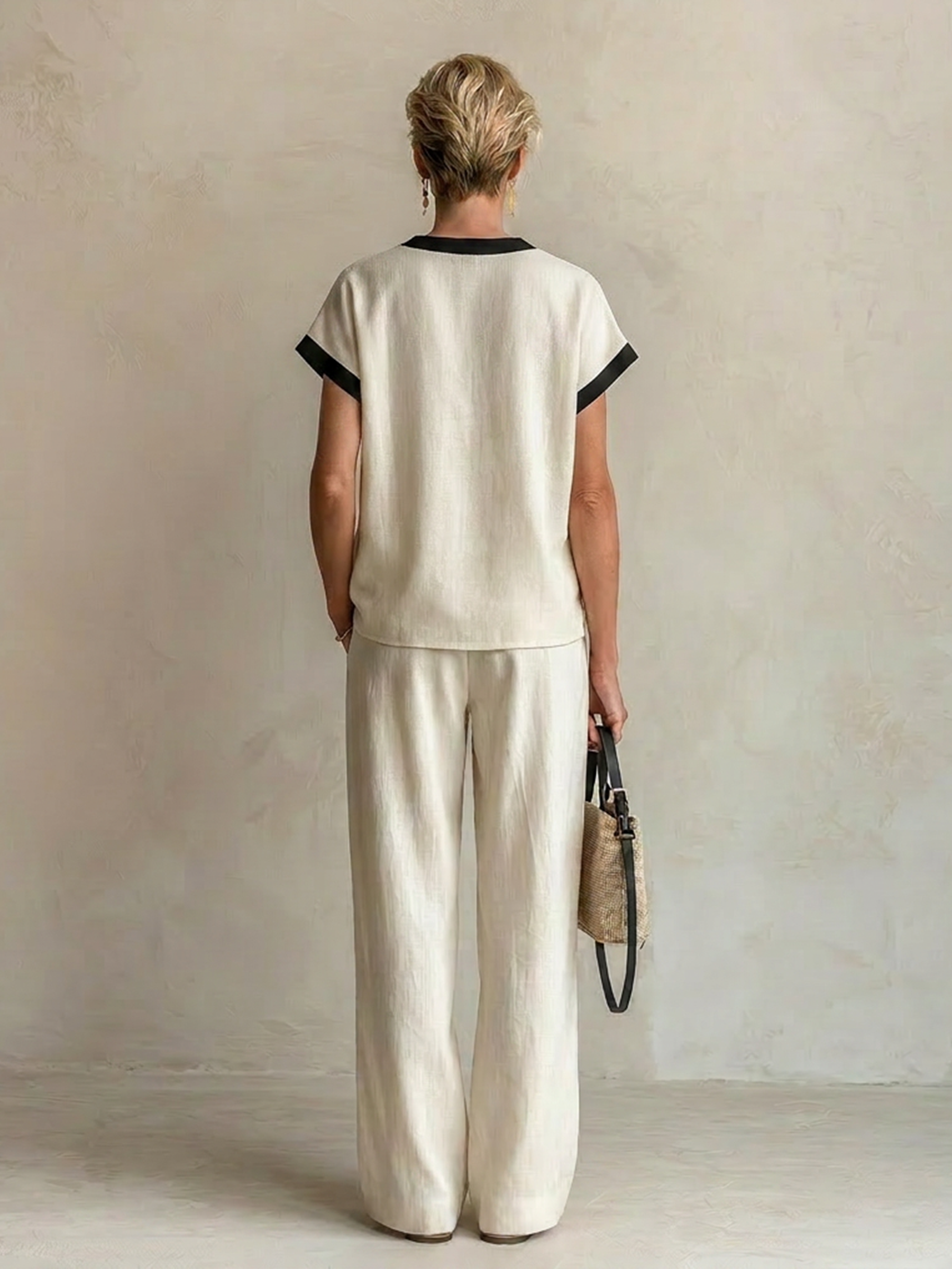 Cream Linen-Blend Color-Block V-Neck Top & Wide-Leg Pants Two-Piece Set