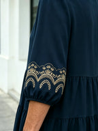 Navy Blue Tiered Midi Dress, Gold Embroidered 3/4 Sleeve Round Neck Loose Tummy Concealing Elegant Dress