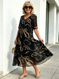 Black Abstract Print Chiffon Midi Dress, V-Neck Short Sleeve Loose Tummy Concealing Back Tie Vacation Dress for Mature Women