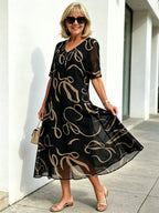 Black Abstract Print Chiffon Midi Dress, V-Neck Short Sleeve Loose Tummy Concealing Back Tie Vacation Dress for Mature Women