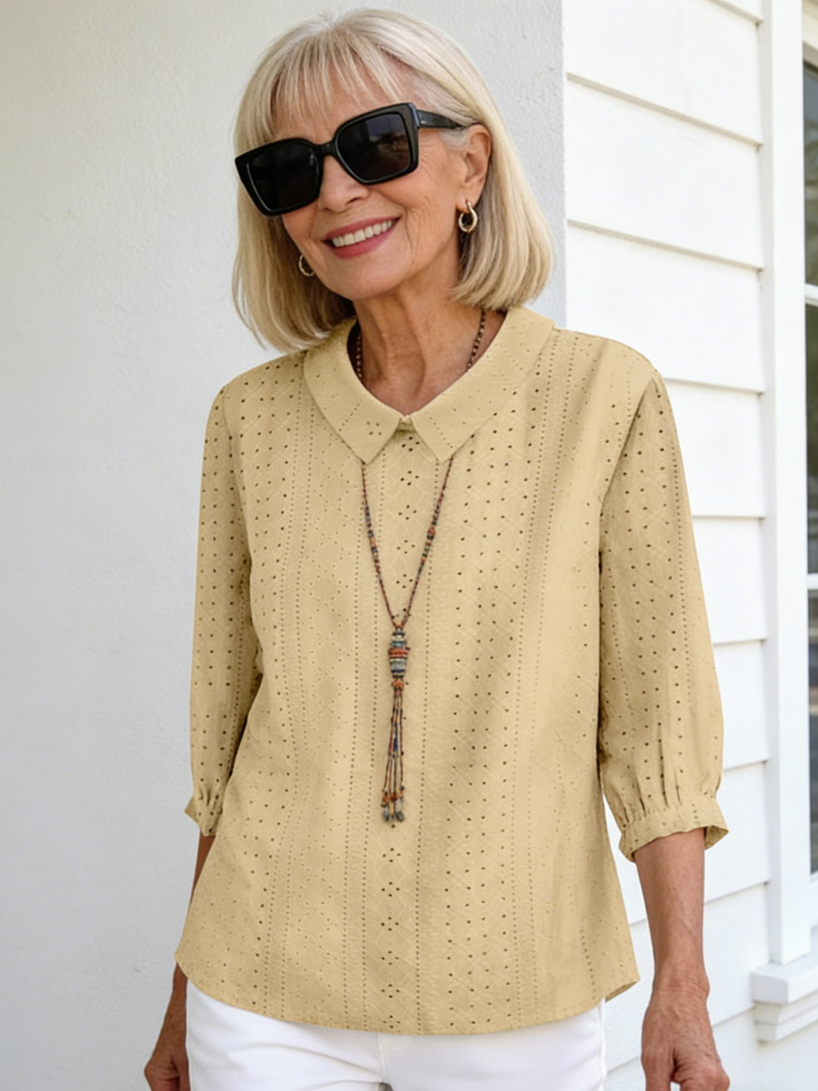Lapel Solid Color Loose Seven-quarter Sleeve Top Women