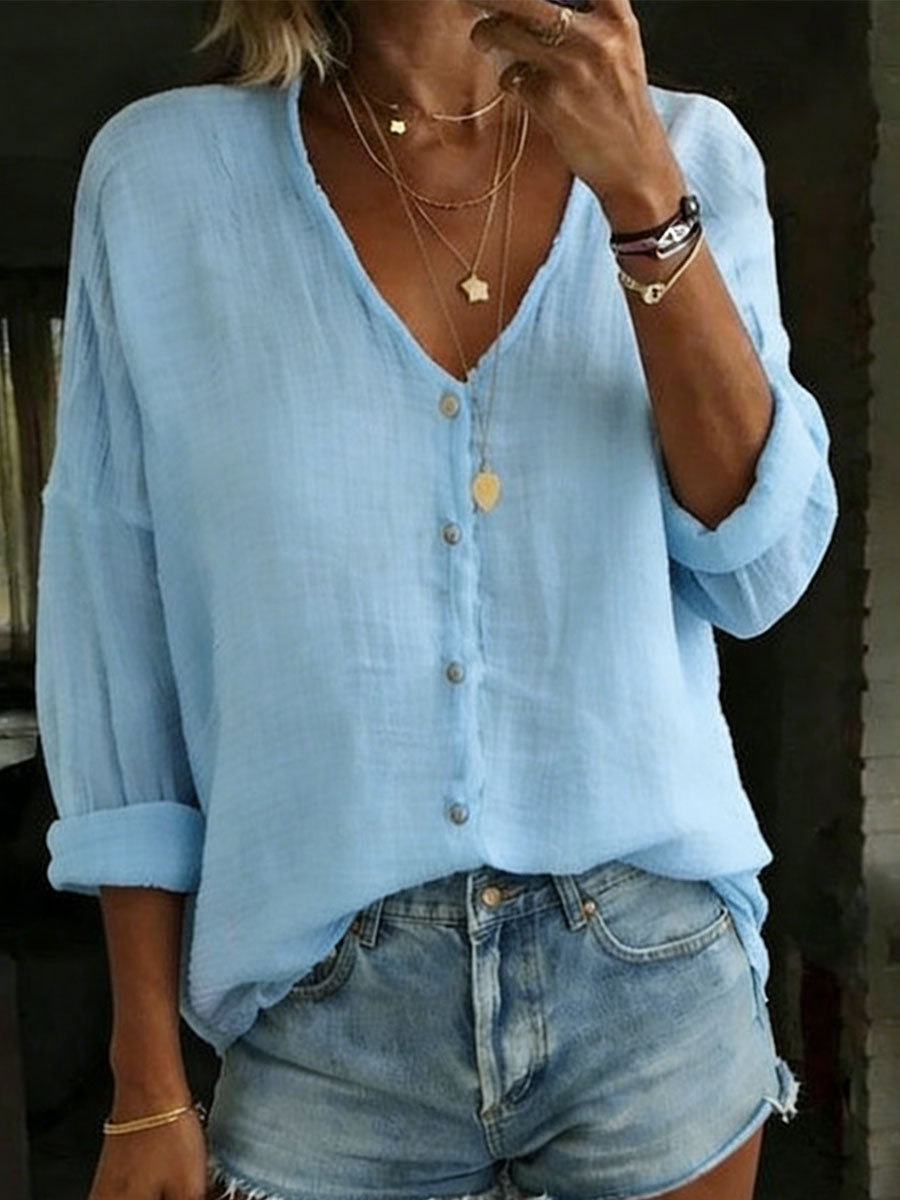 Women's Cotton Linen Loose Solid Color Long-sleeved Shirt