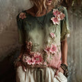 Vintage Cherry Blossom Gradient Art Pattern Linen T-shirt