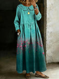 Women's Vintage Flower Peter Pan Collar Long-sleeved Casual Loose Denim Dress