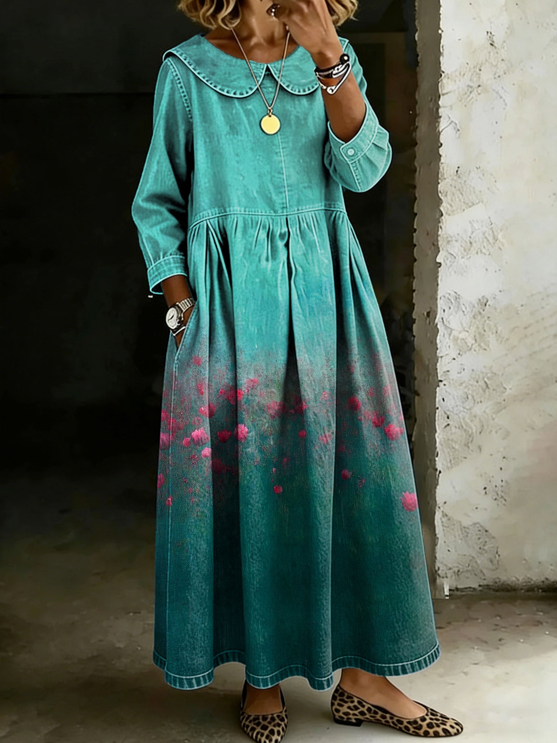 Women's Vintage Flower Peter Pan Collar Long-sleeved Casual Loose Denim Dress
