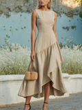Maxi Cotton Dress , Sleeveless, Round Neck, Plain, Ruffles, French Vintage, Khaki