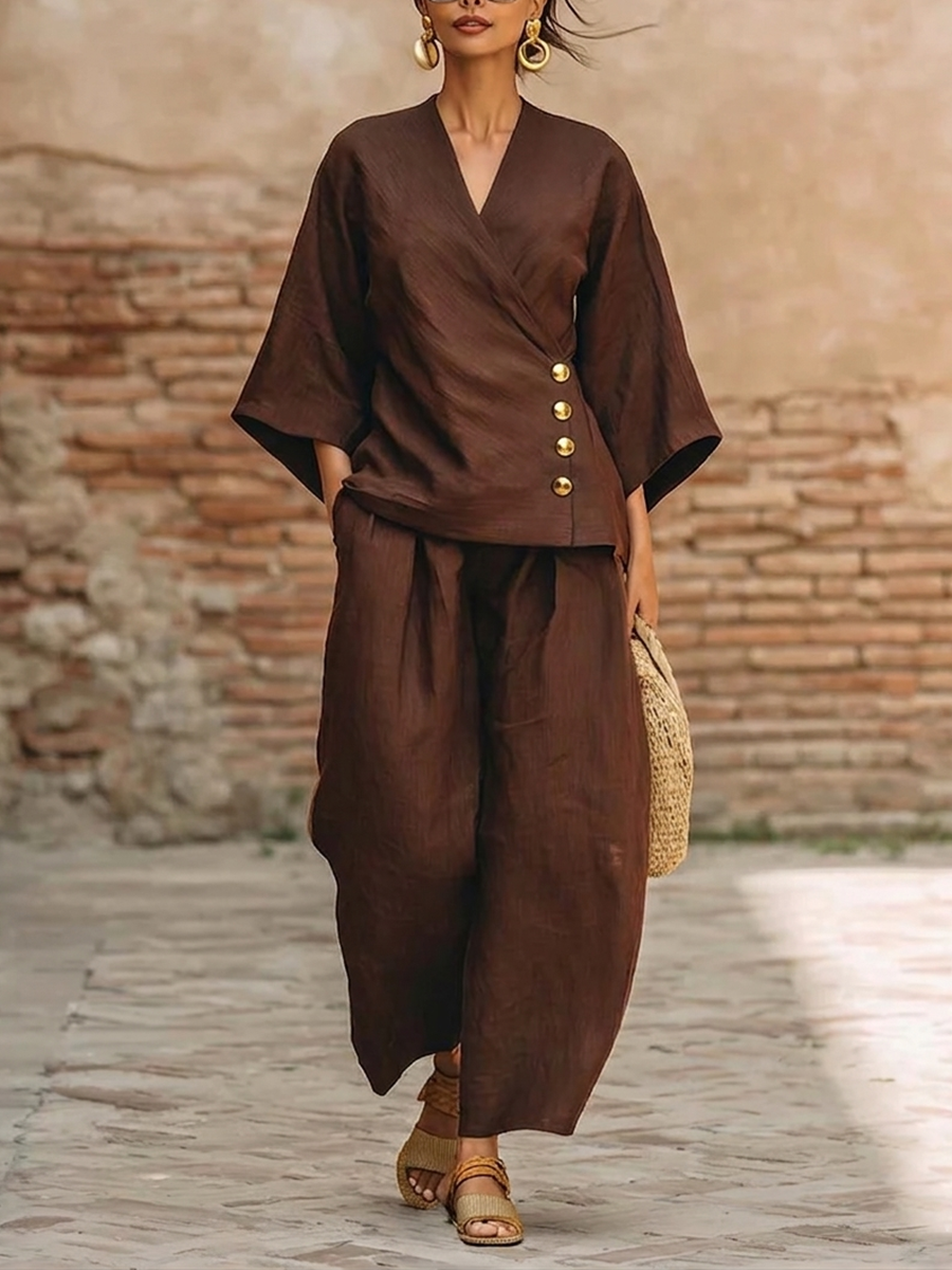 Minimalist & Elegant Metal Buttons Cotton-linen Two-piece Set