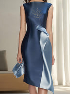 Elegant Blue Satin Dress with Color Block and Embroidery Detail