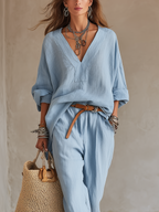 Casual Blue Natural Linen Suit