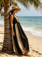 Black & Beige Color-Block Linen-Cotton Deep V-Neck Drawstring Maxi Dress
