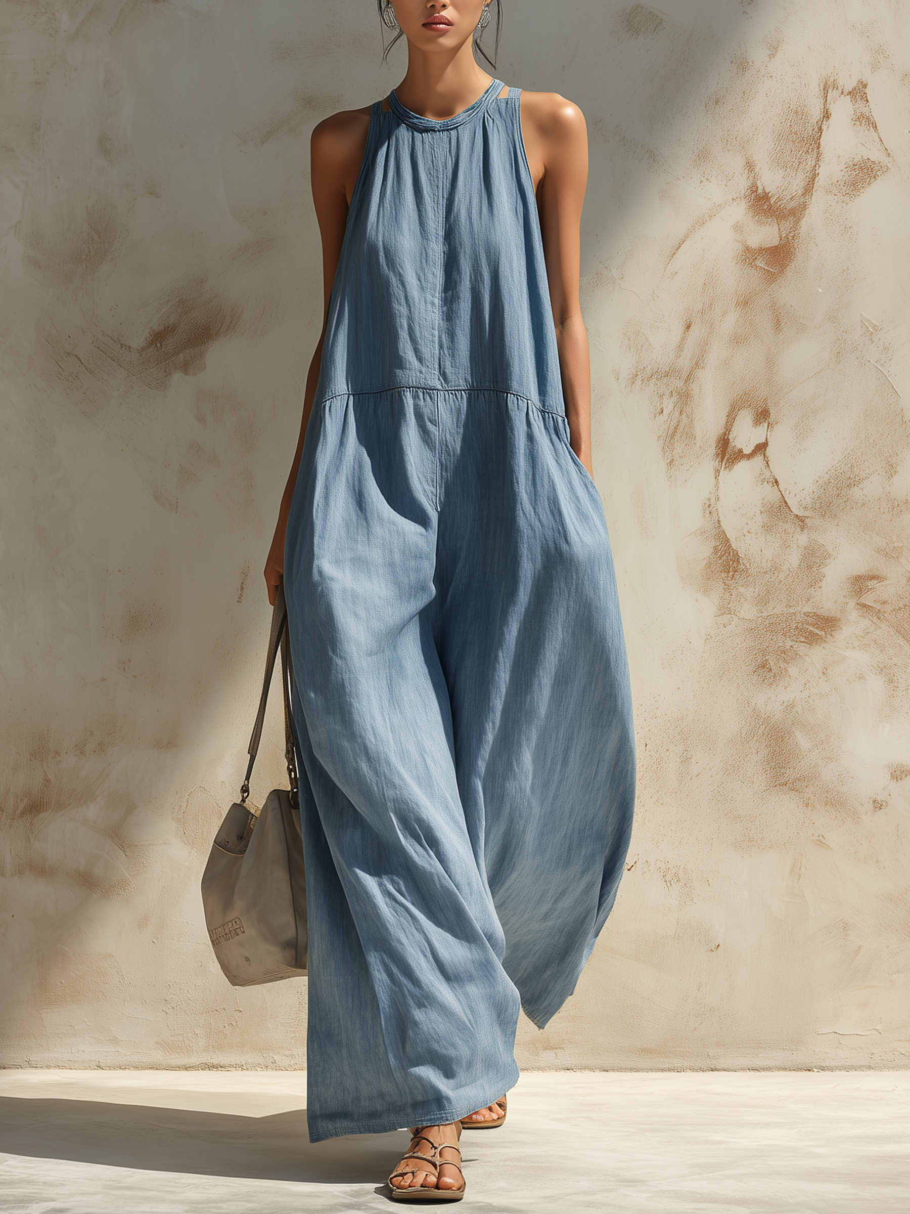 Light Blue Tencel Denim Wide-Leg Jumpsuit