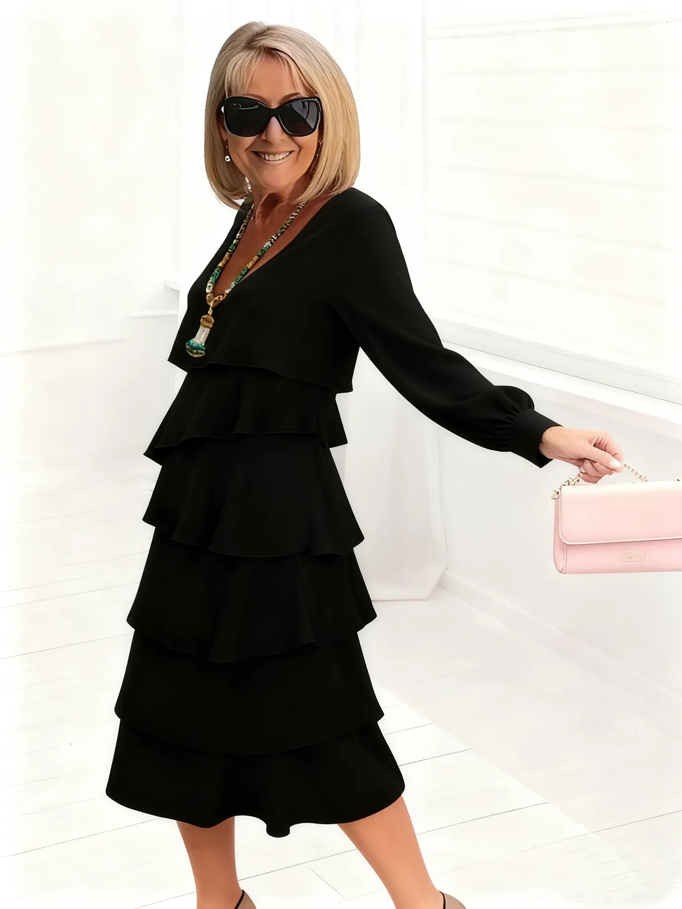 Deep V-Neck Long-sleeved Fashion Cake Skirt Women's Temperament Loose and Thin Round Neck Dress Women