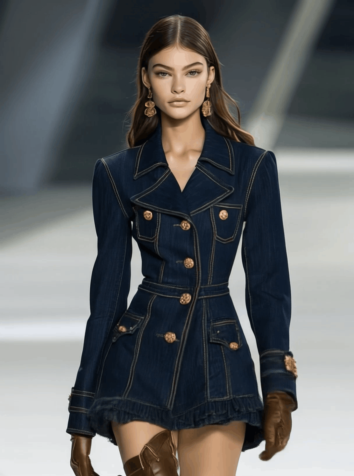 [24-hour shipping out]Classic and Playful Large Lapel Ruffled Hem Waist Denim Mini Dress
