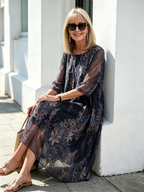Black Floral Chiffon Midi Dress, Loose Tummy Hiding 3/4 Sleeve Printed Dress for Mature Women