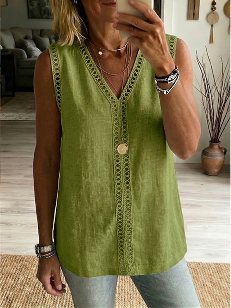 Casual Sleeveless Linen & Cotton Top With Cutout Webbing And Patchwork Detail