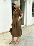 Brown Collared Sequin Embellished A-Line Midi Dress, Belted Waist Short Sleeve Elegant Dress for Mature Plus Size Women