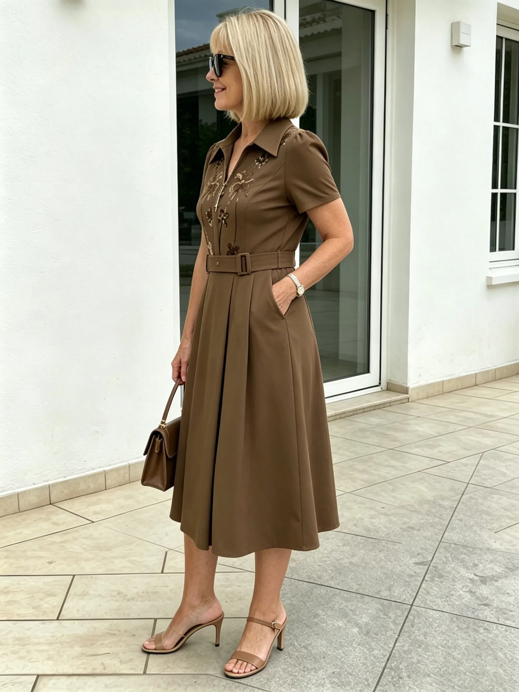 Brown Collared Sequin Embellished A-Line Midi Dress, Belted Waist Short Sleeve Elegant Dress for Mature Plus Size Women