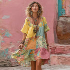 Women's Flower Embroidery Macaron Patchwork Art Crew Neck Linen Blend Midi Dress
