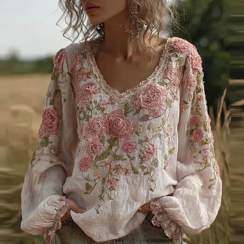 Bohemian Style Pink Floral Design V-neck Long-sleeve Top1