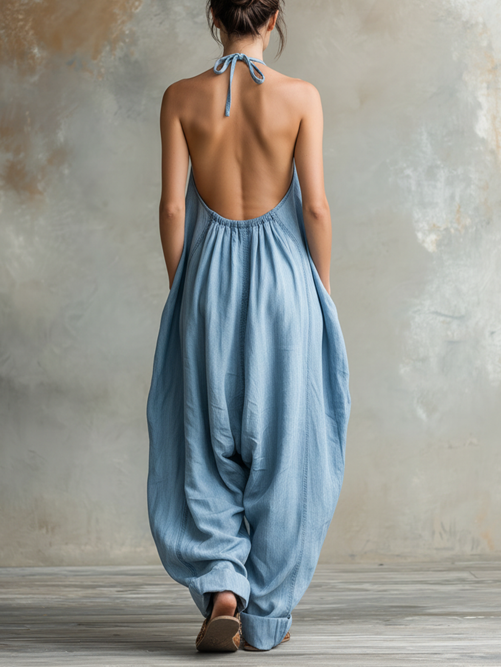 Light Blue Denim Halter Backless Oversized Jumpsuit