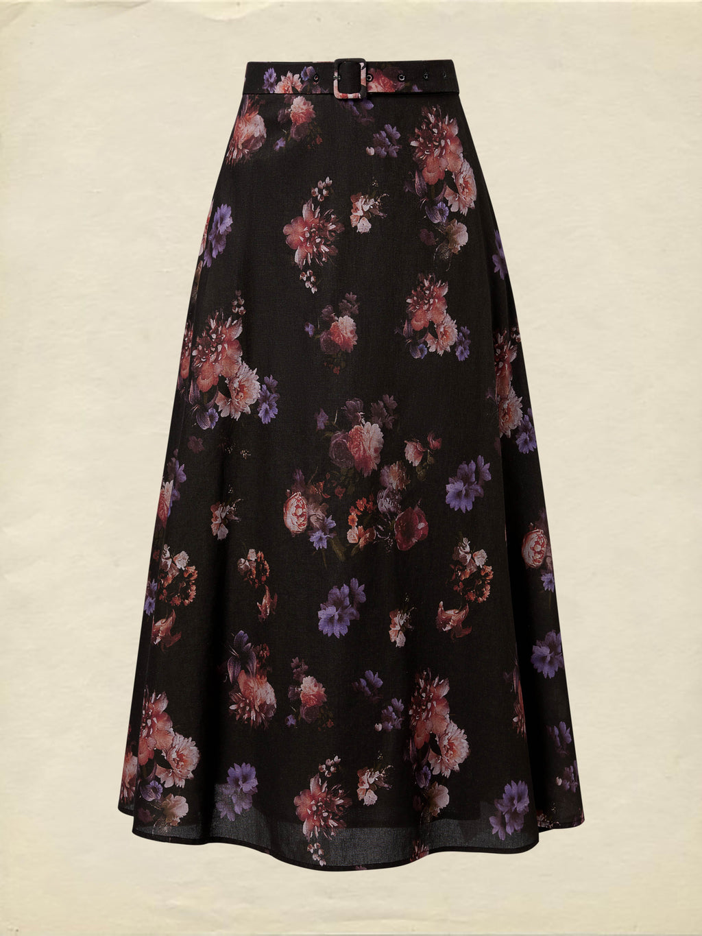 Maxi Cotton Skirt, Floral, Belt Design, Vintage, Black