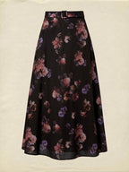 Maxi Cotton Skirt, Floral, Belt Design, Vintage, Black