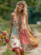 Women's Holiday Embroidered Floral Patchwork V-neck Tank Dress