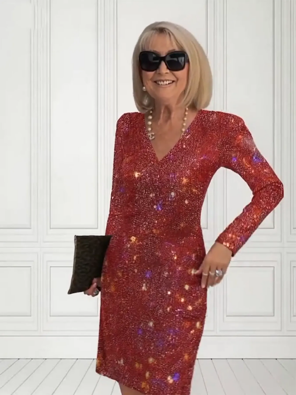 Temperament Elegant Daily New V-neck Long-sleeved Solid Color Sparkling Sequined Skirt