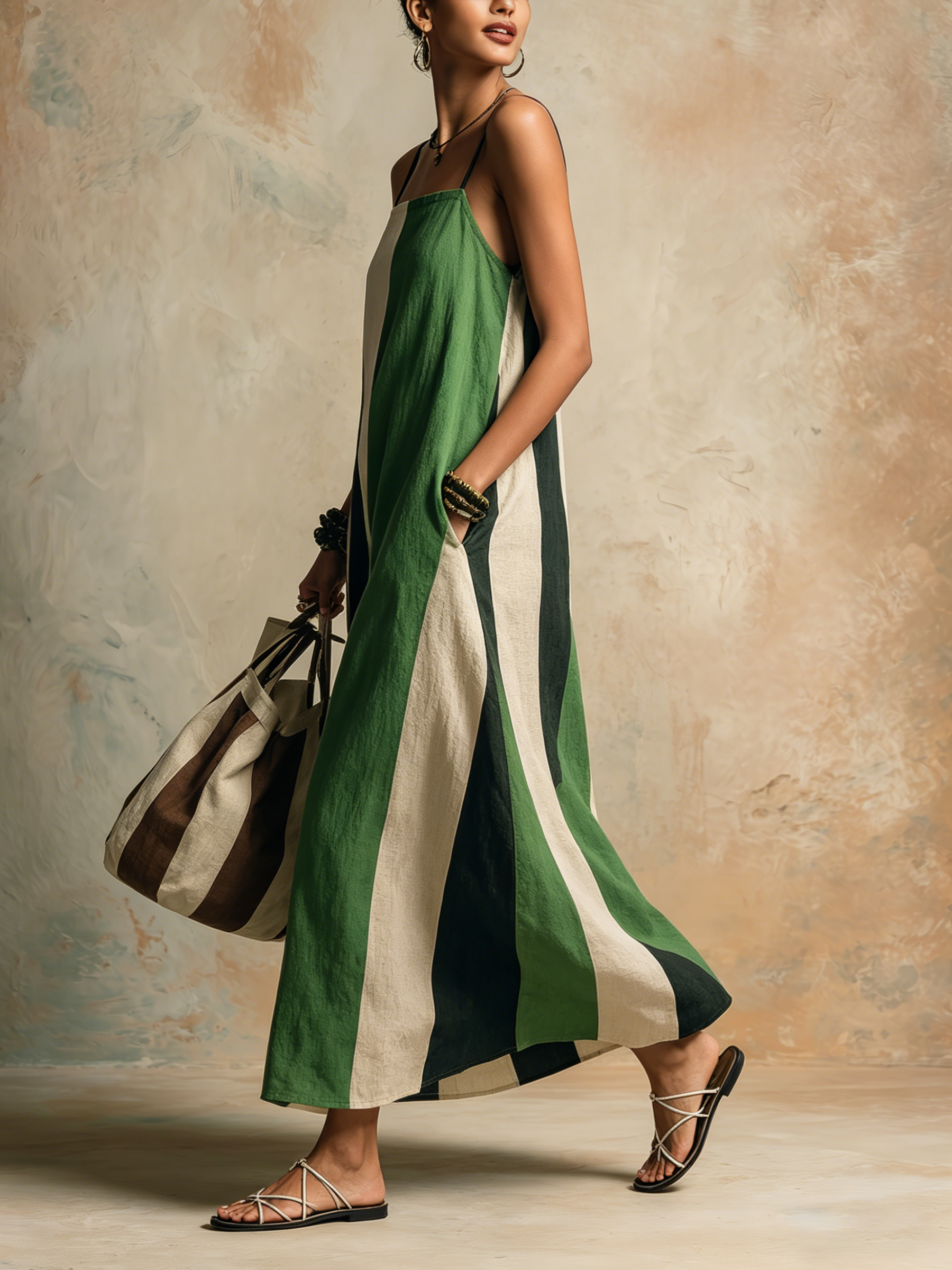 Color Block Stripe Linen-Blend Cami Maxi Dress | Effortless Resort Wear