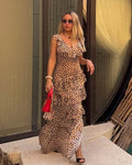 Wild Animal Print V-Neck Ruffle Split Maxi Dress
