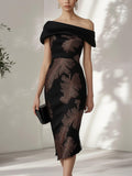 Elegant Black Off-the-Shoulder Dress with Gold Leaf Print