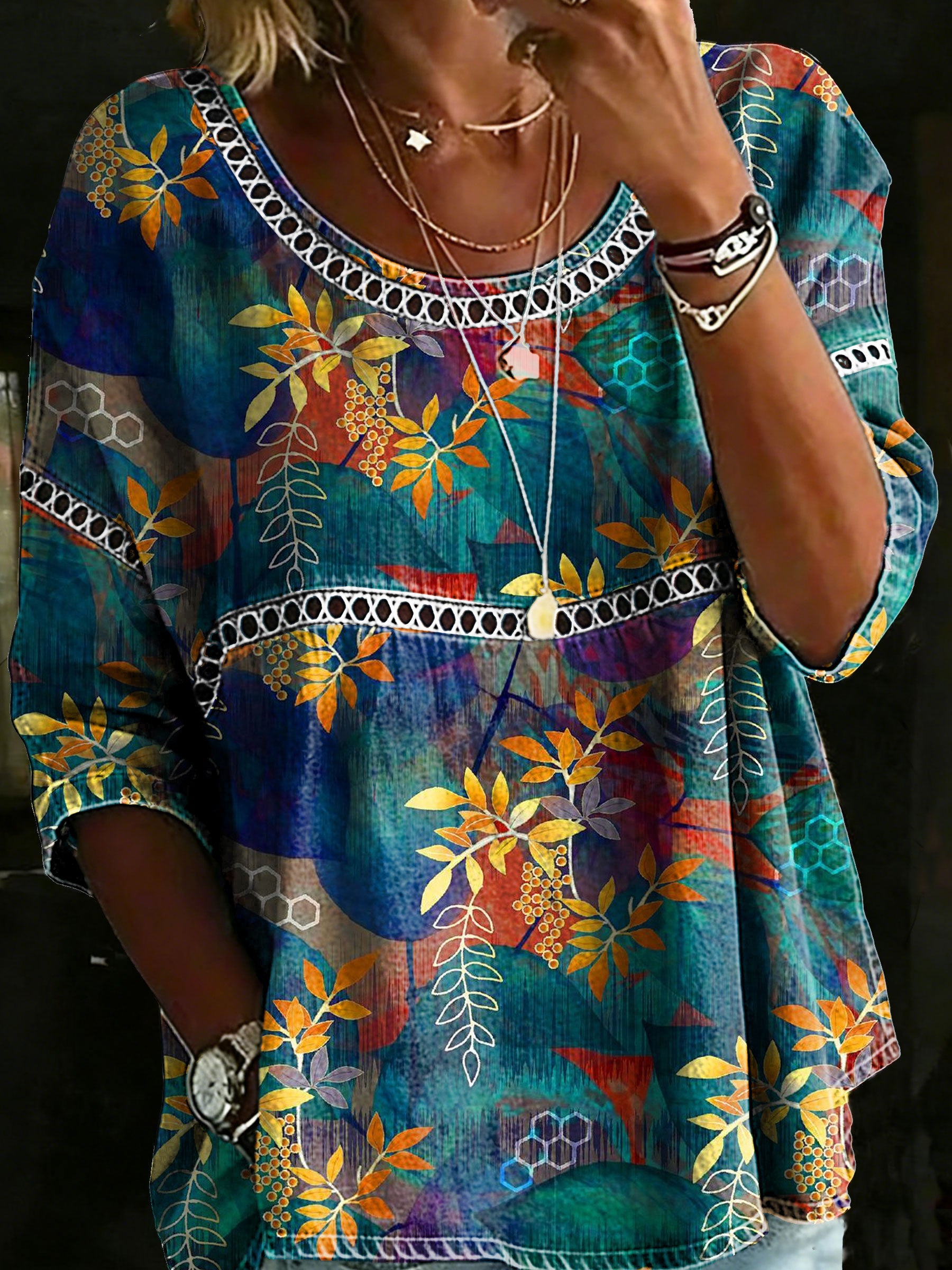 Women's Vintage Floral Casual Loose Denim Blouse Shirt